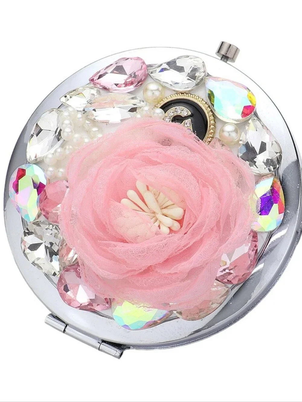 Pink Compact Mirror Floral Crystal Jeweled Circle Gem Bling Makeup Lipstick Case